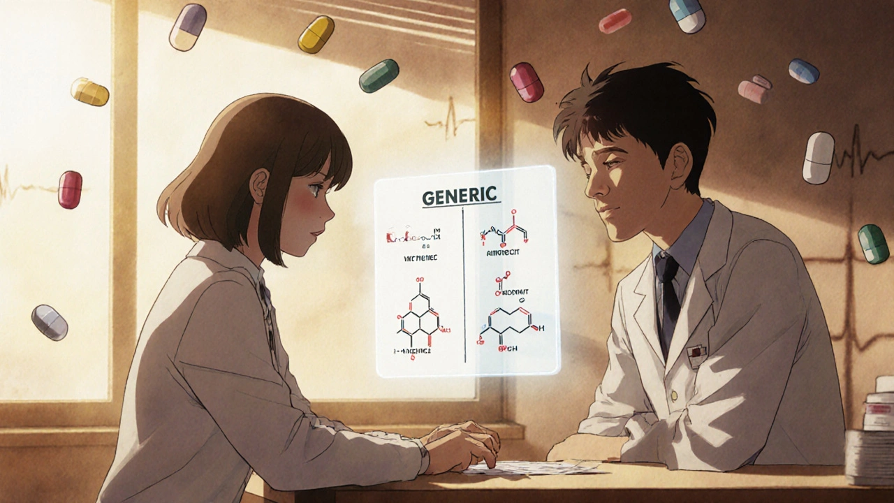 A pharmacist explains generic medication to a patient using a glowing holographic drug comparison in warm lighting.