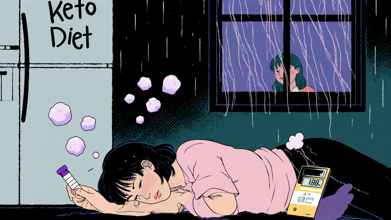 A woman on the kitchen floor with a high ketone test strip, blood sugar barely elevated.