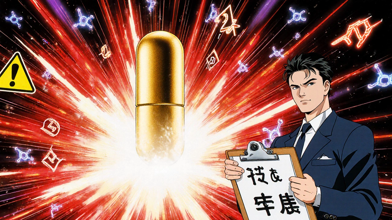 An extended-release pill exploding under alcohol test, with f2 score warning in anime style.