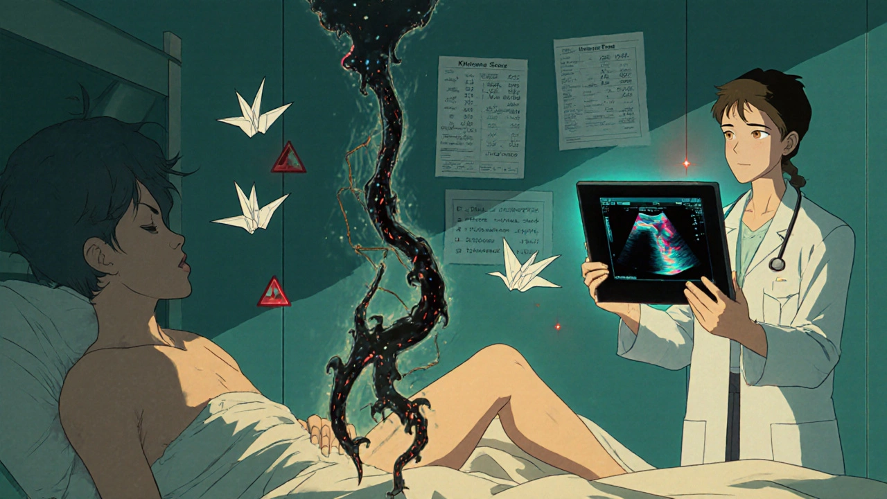 Cancer patient in hospital with transparent clot spreading toward heart, doctor holding ultrasound screen.