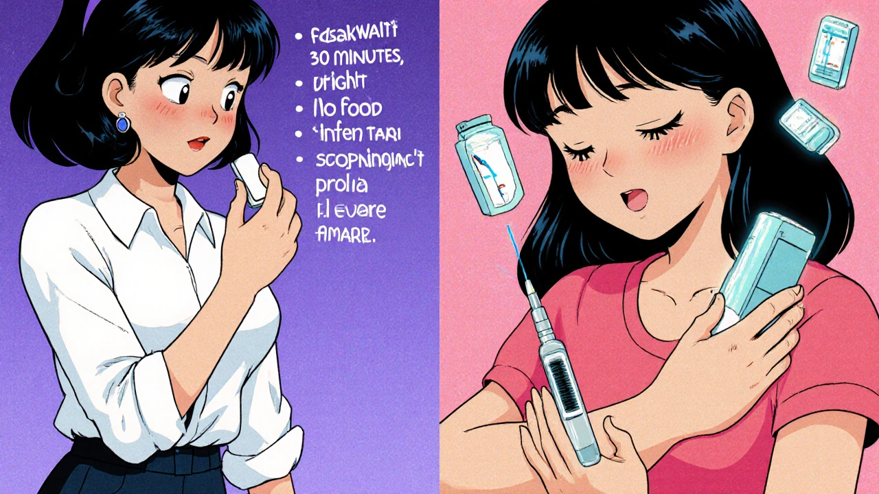 Contrasting scenes of Fosamax restrictions vs. Prolia injection with calcium and vitamin D