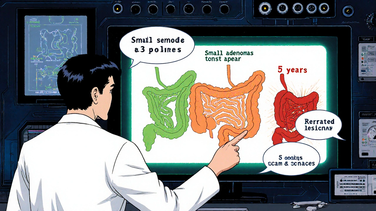 Doctor explaining polyp types on a glowing colon diagram in retro anime style