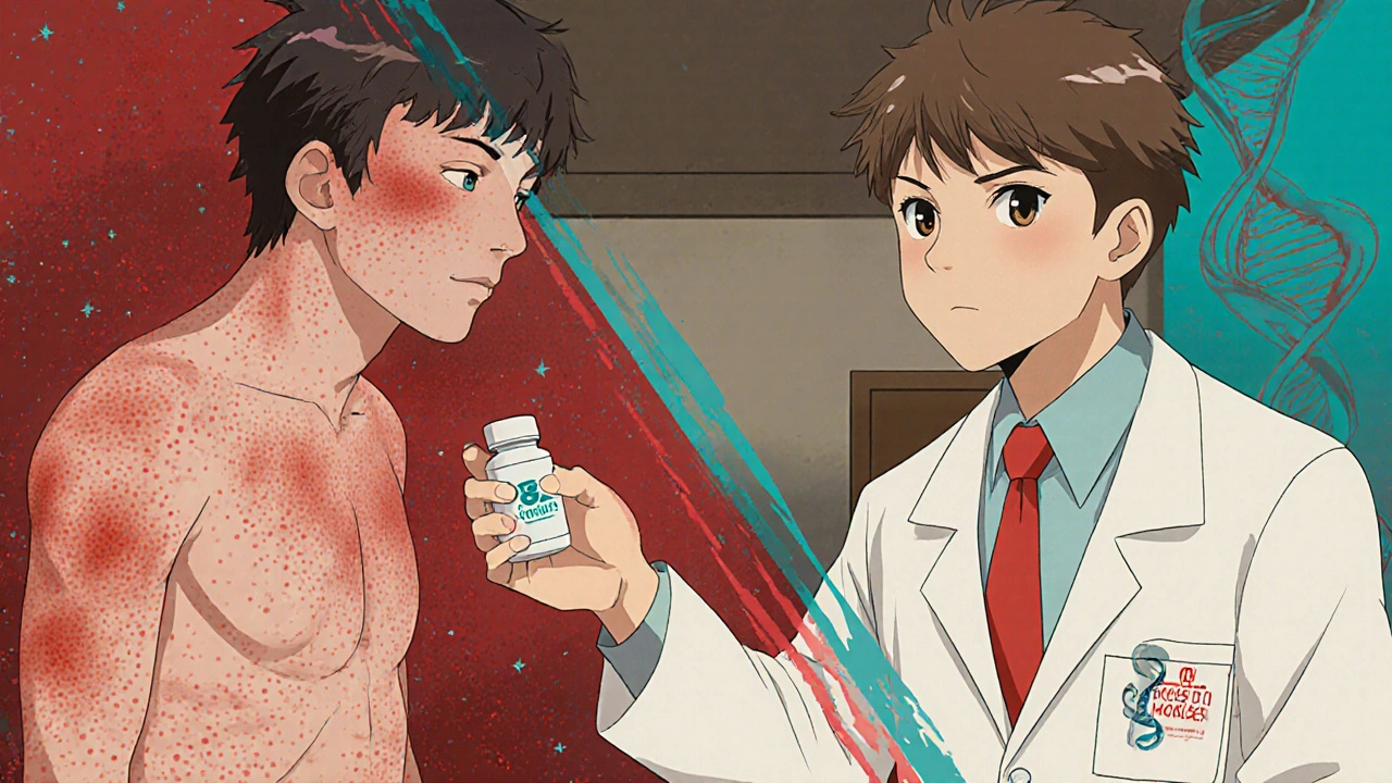 Doctor gives pill bottle to patient, split background shows hives fading to clear skin.