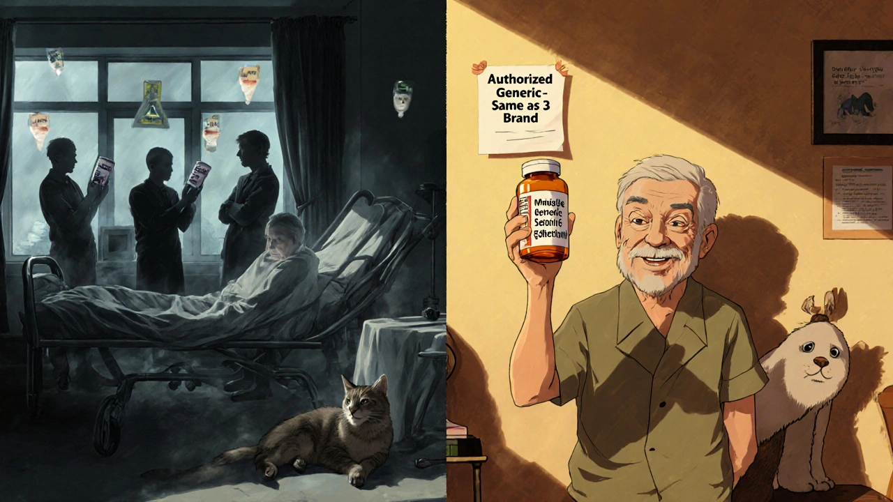 Elderly man in UK home, contrasting dark and light versions of the same medication.