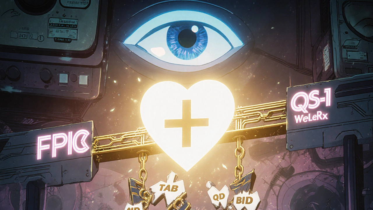 FHIR connection bridge fixing broken prescription formats, with AI eye observing in cyberpunk anime style.