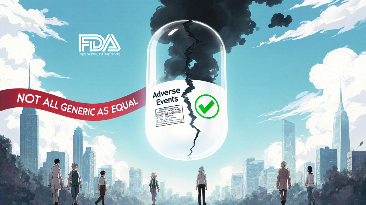 Giant pill splitting into safe and dangerous halves over a city in retro anime style.