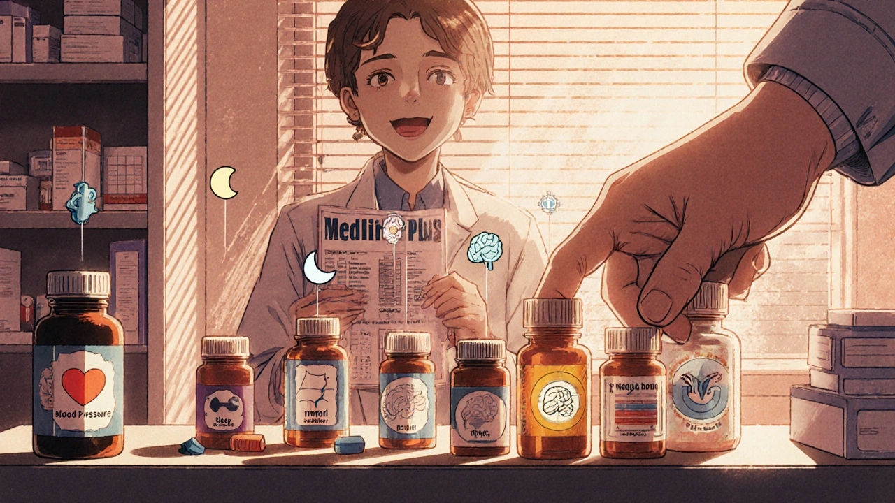 Hand placing multiple medication bottles on a table, with animated icons rising from each pill.