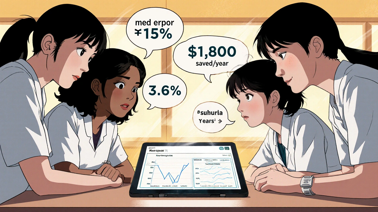 Healthcare team holds a daily huddle around a tablet showing patient data, with floating metrics in retro anime style.