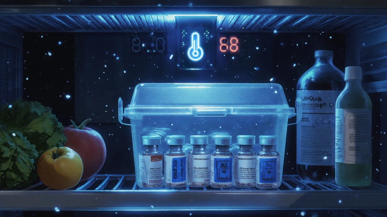 Insulin vials in a sealed bin inside a fridge, away from food and chemicals.