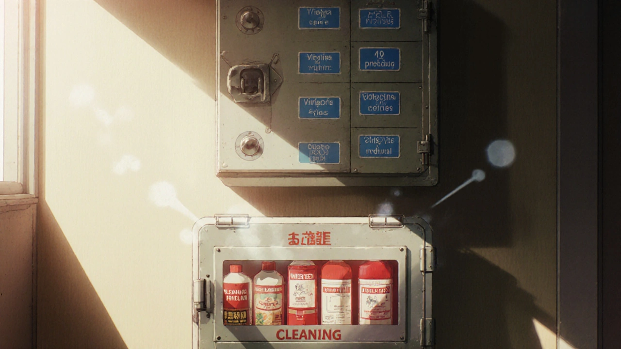 Locked medicine cabinet high on a wall above lower storage for cleaning supplies.