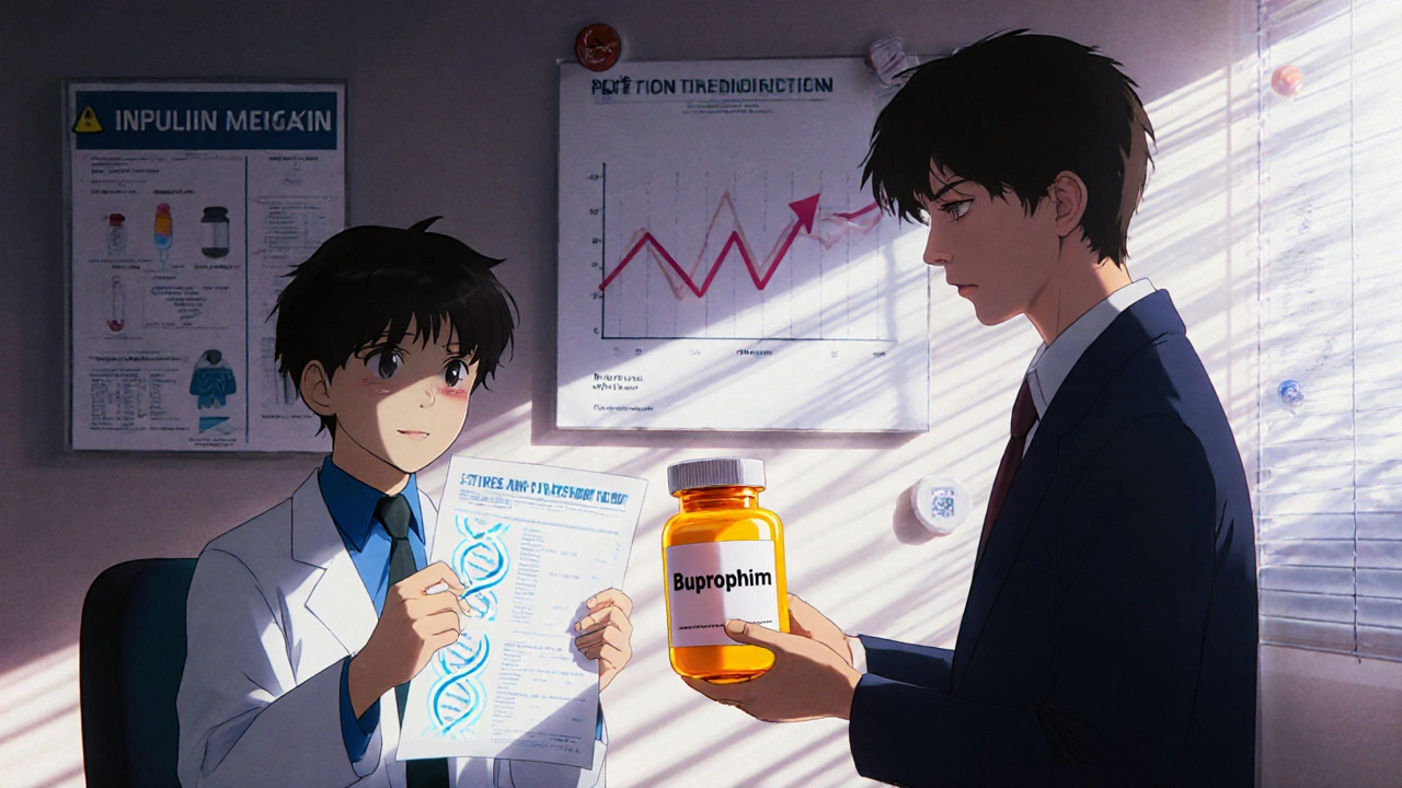 Patient and doctor in office, genetic test and new prescription, weight graphs on wall, retro anime style.
