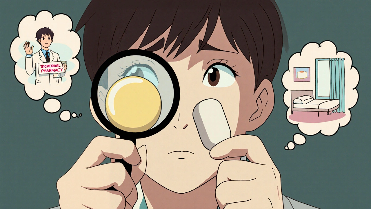 Patient comparing two differently colored generic pills under a magnifying glass, anxious expression.