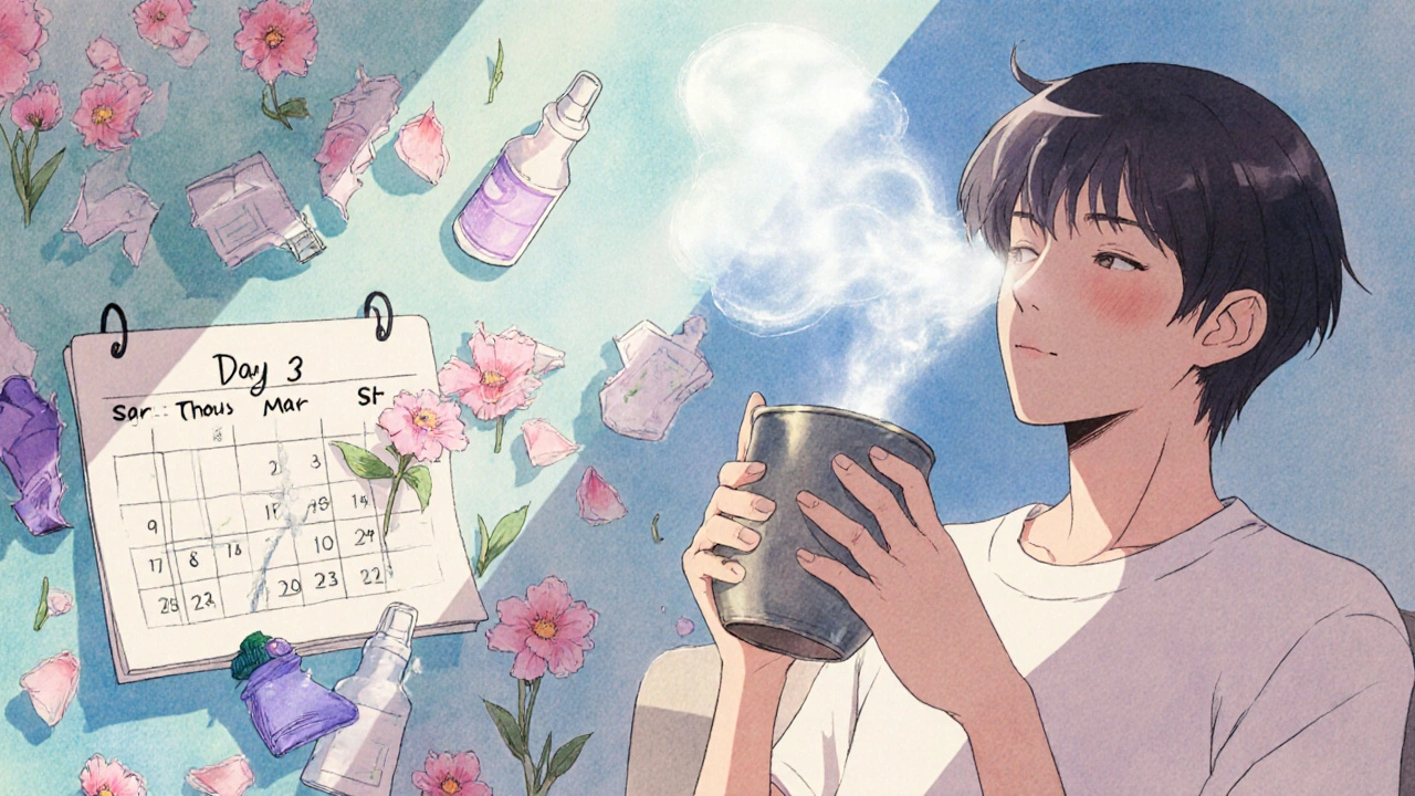 Patient healing with saline rinse and glowing steroid mist, broken bottles turning to petals in retro anime style