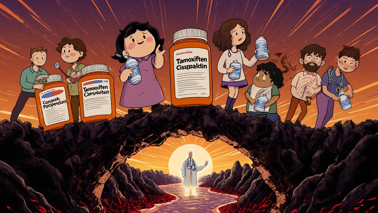 Patients on bridge of pill bottles facing blood clot monsters, doctor offering prevention tools.