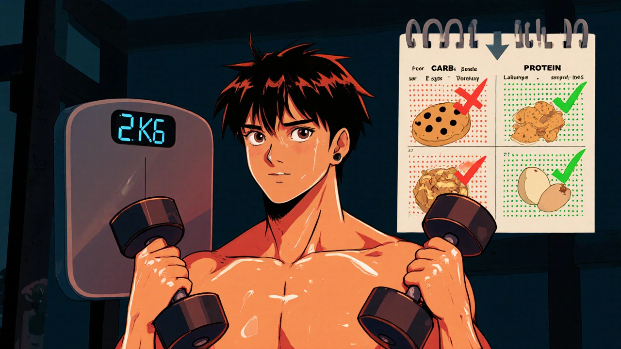 Person exercising at home with scale showing weight loss, protein snacks vs carbs visualized, retro anime style.