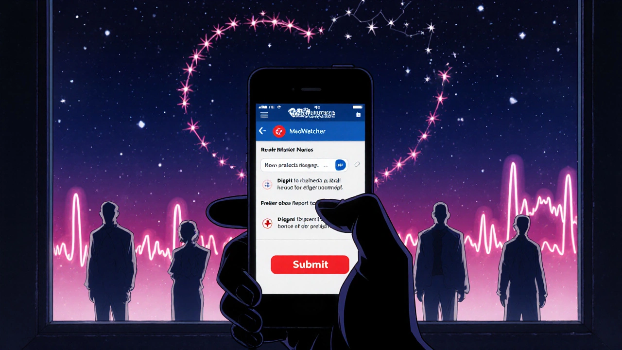 Person submitting a side effect report on a phone at night, with fading patient figures turning into stars.