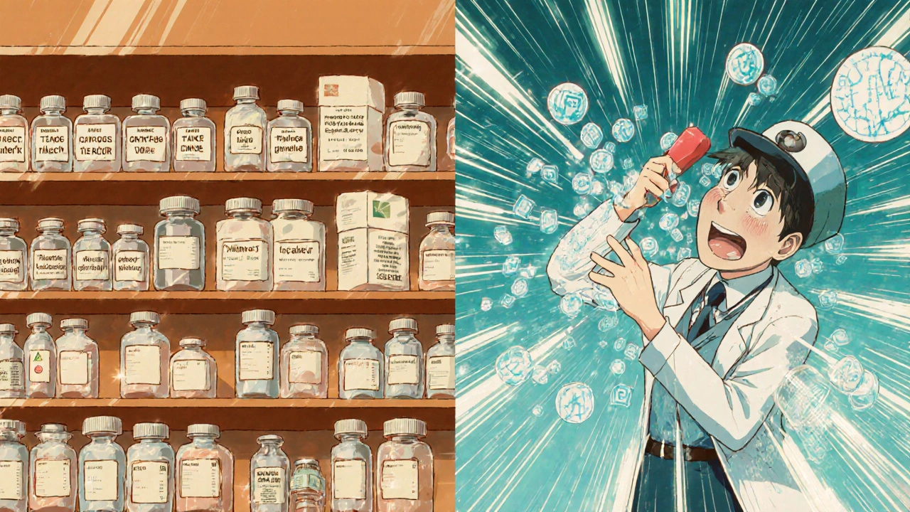 Pharmacist erasing corrupted digital prescription codes amid chaotic floating symbols in retro anime style.