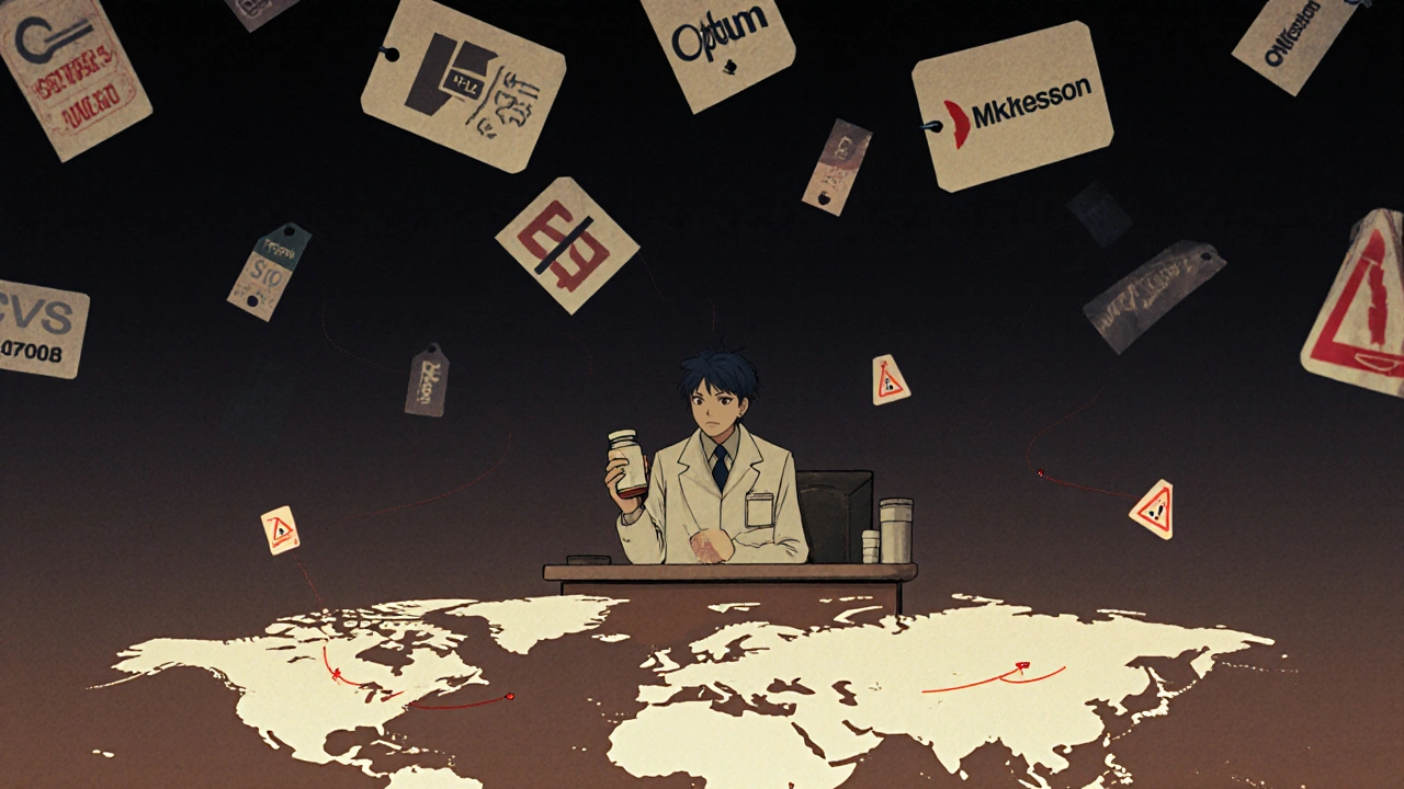 Pharmacist holding a pill bottle with corporate logos looming above and a global supply map below in retro anime style