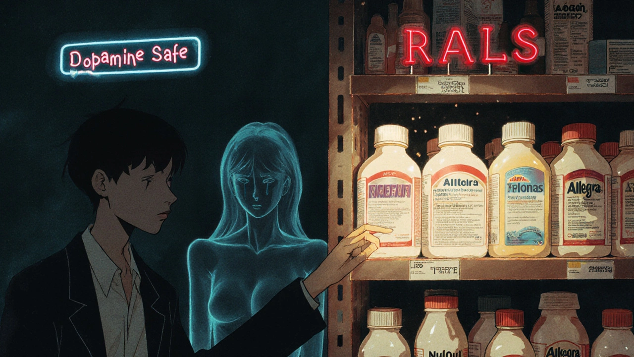 Pharmacy shelf with only Allegra and Flonase glowing safely, others hidden in shadow, retro anime style.
