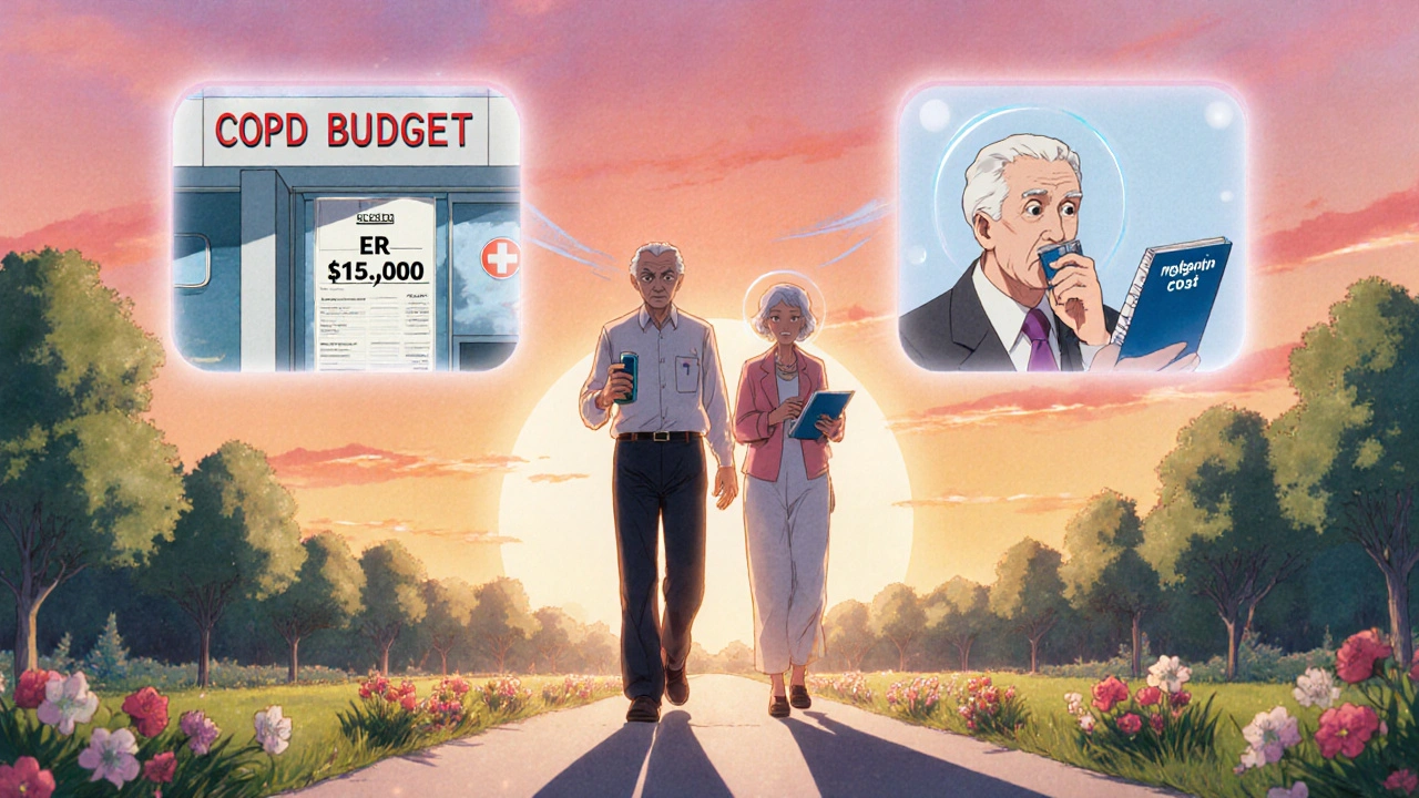 Retired couple walking in park, with floating financial comparison scenes above them.