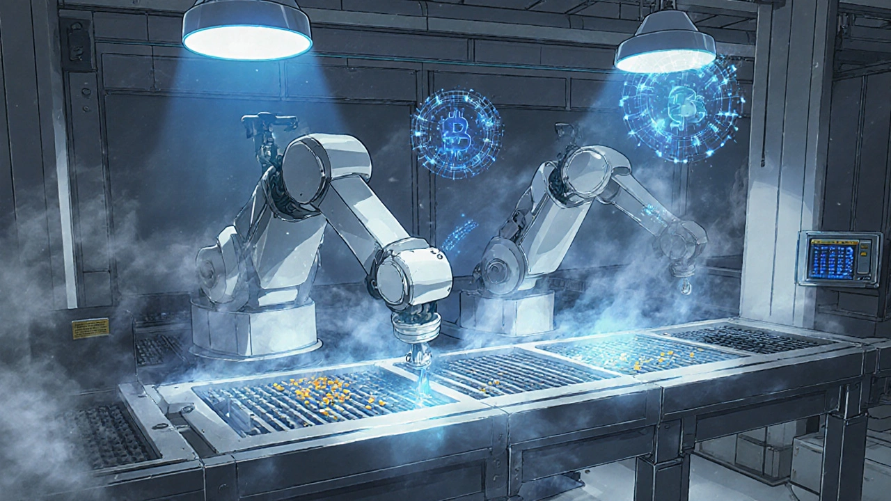 Robotic arms filling capsules in a clean, glowing GMP facility with digital data streams in retro anime style