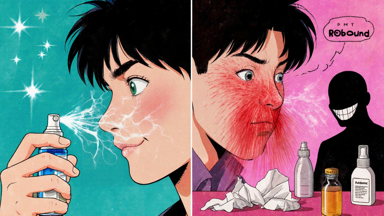Split scene: happy nasal spray use vs. severe rebound congestion with shadowy figure in retro anime style