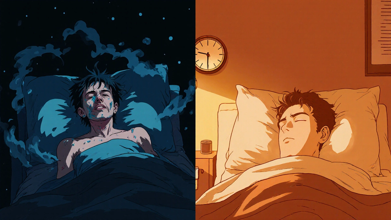 Split scene: one side shows a patient gasping for air at night, the other shows him sleeping peacefully.