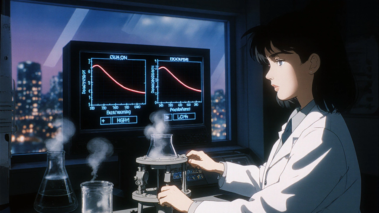 Two dissolution curves on a vintage monitor, a scientist adjusting lab equipment in a retro anime lab.