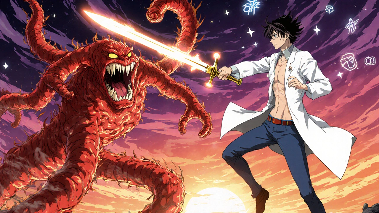 Warrior in white coat battles fiery hives with glowing sword on human torso, sky turning dawn.