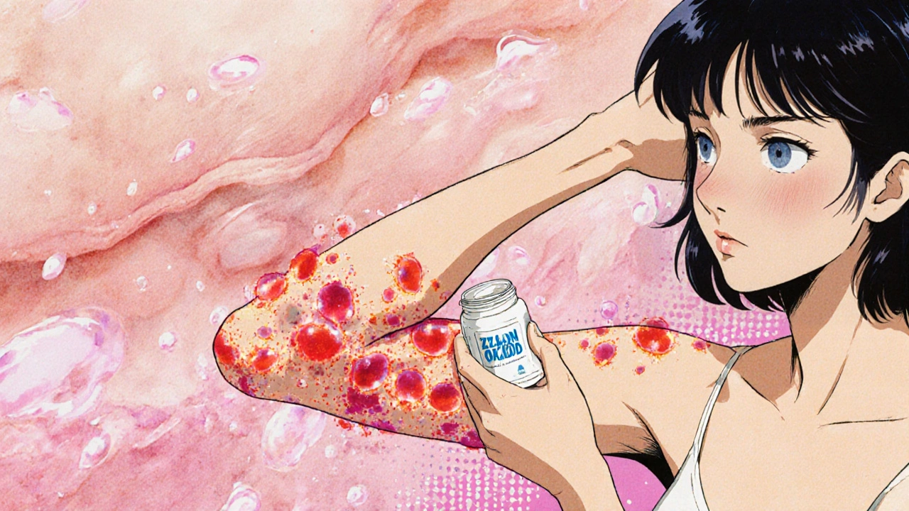 Woman applying cream to armpit as immune cells glow and form psoriasis patterns.