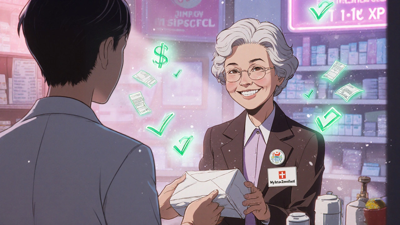 Woman receiving a 90-day supply of roflumilast at a pharmacy with mail-order package.