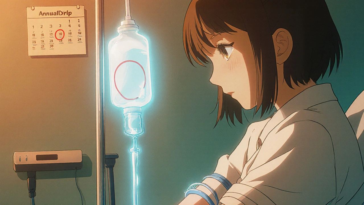 Woman receiving annual Reclast IV infusion in a calm medical room