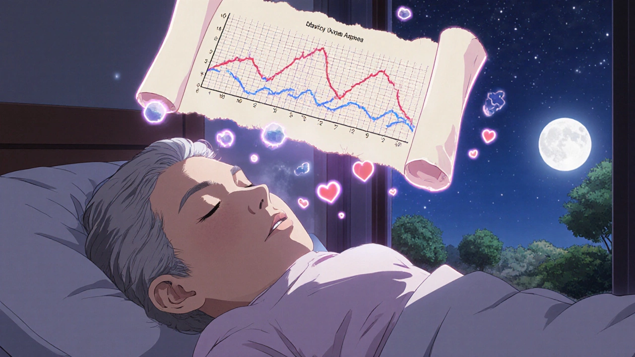 Woman sleeping soundly with stable oxygen levels and fading sleep apnea spikes above her.