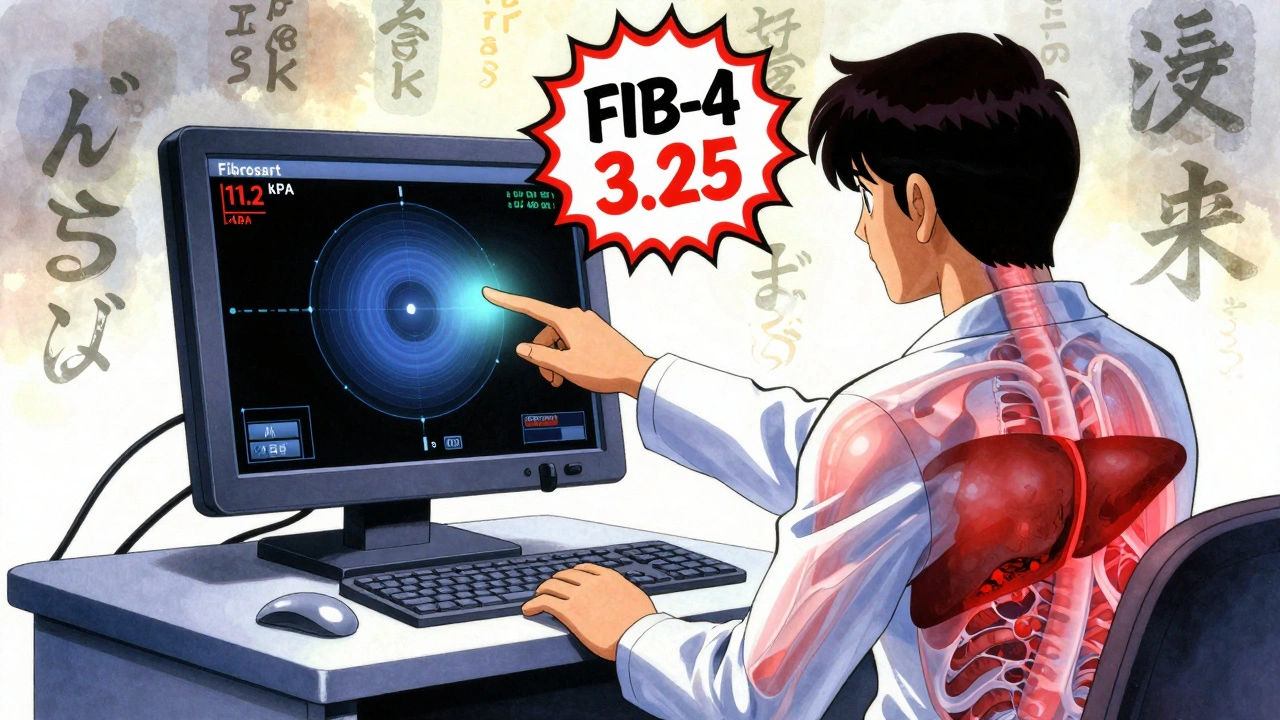 A doctor points to a FibroScan display showing high liver stiffness values with glowing indicators.