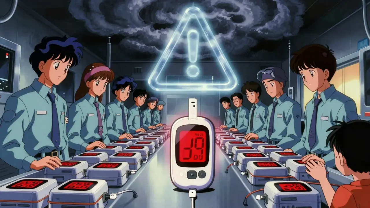 A faulty medical device among perfect units, with a child reaching for it under a looming warning symbol.