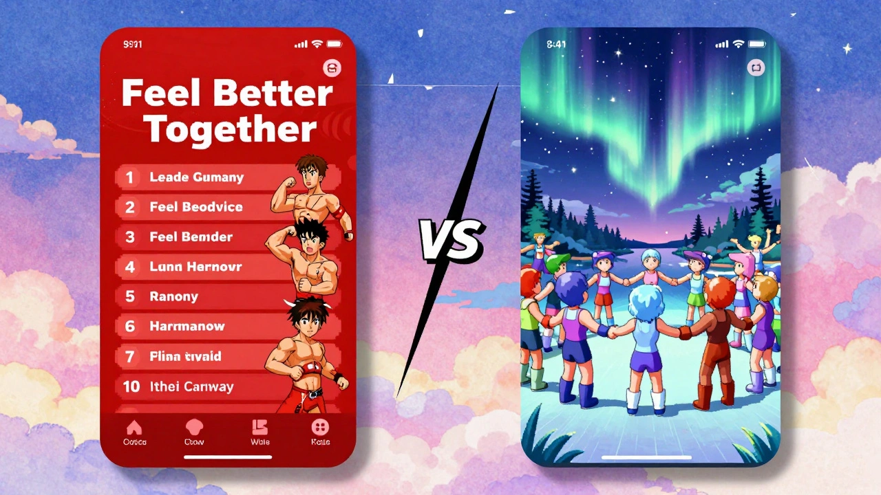 A fitness app interface contrasting competitive leaderboards in Germany with cooperative harmony in Norway, showing cultural differences in motivation.