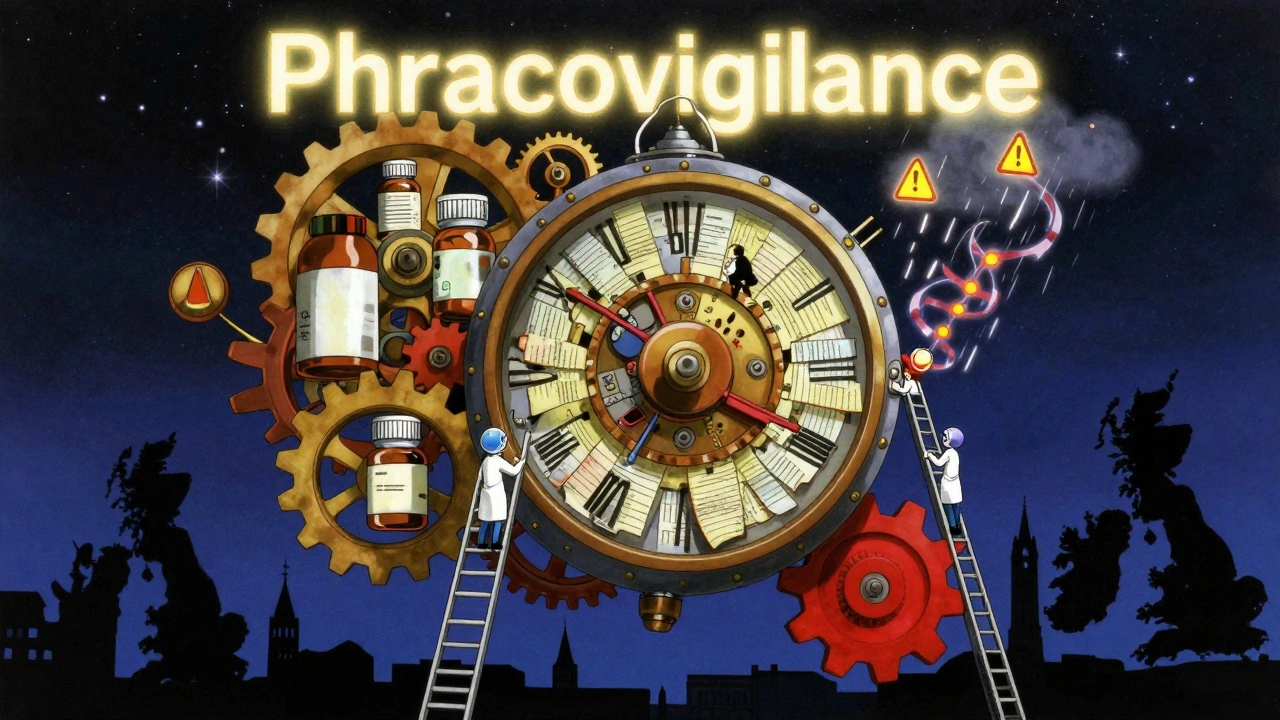 A giant clockwork pharmacovigilance machine powered by patient data in vintage anime style.