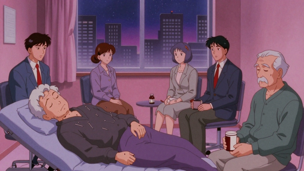 A group of diverse patients relaxing in a community acupuncture room, needles in place, soft lighting, and a reduced pill bottle nearby.