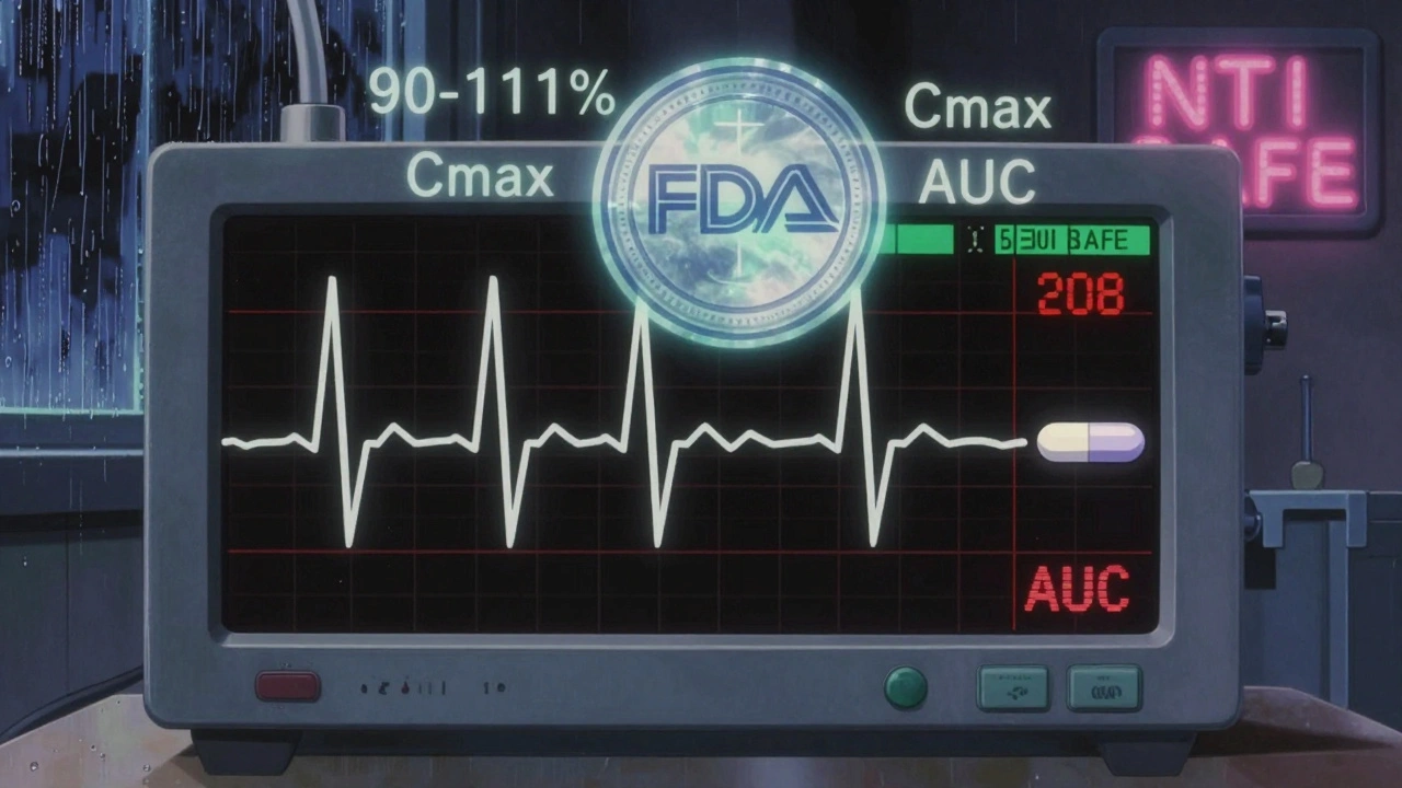 A heart monitor with erratic EKG line split between brand and generic drug effects in retro anime style.