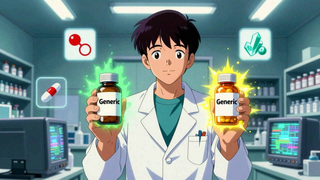 A pharmacist holding two generic pill bottles with different auras in a glitchy pharmacy setting.