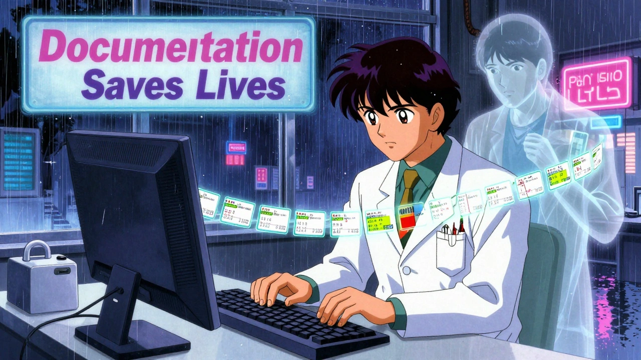 Blockchain digital chain tracking a warfarin substitution with patient&#039;s vital signs spiking in background.