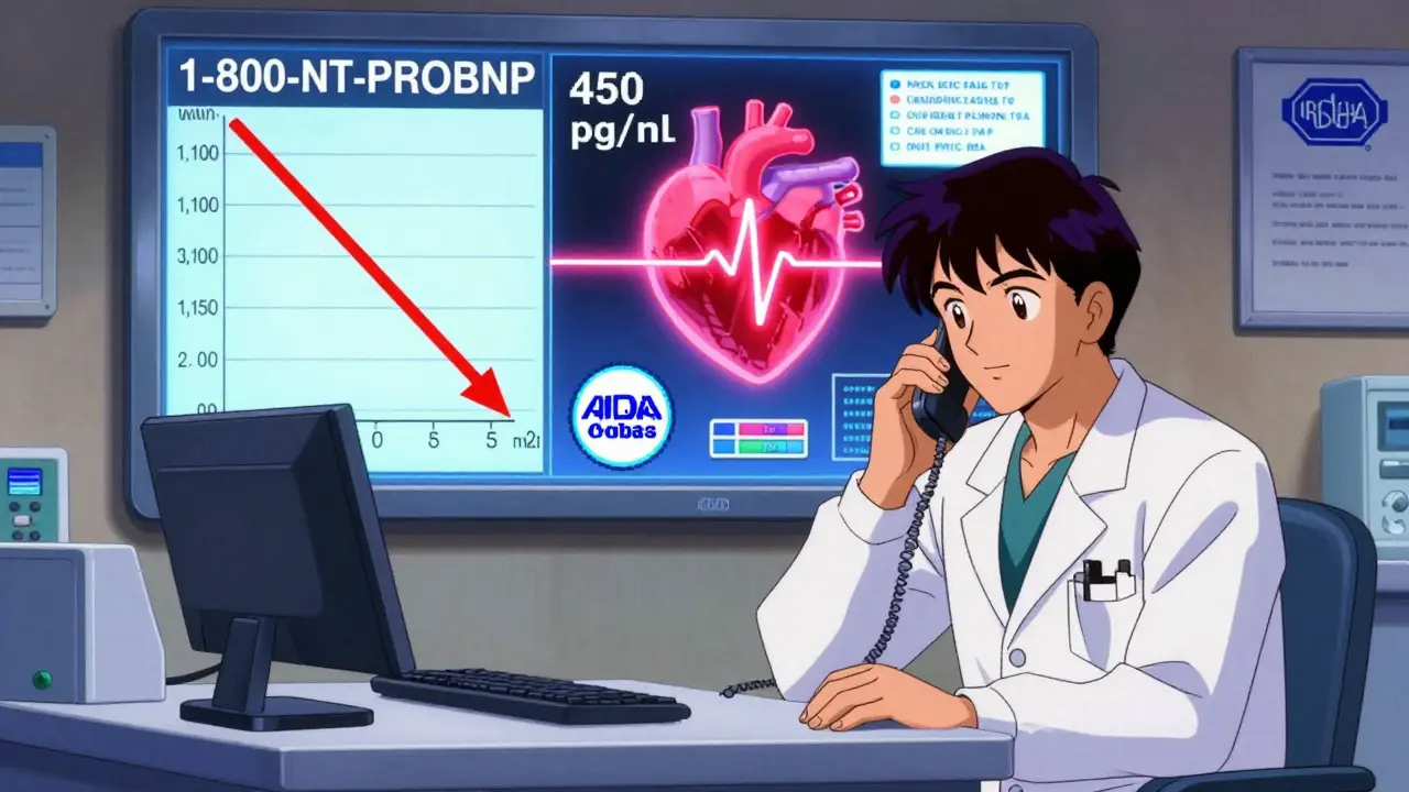 Cardiologist on phone with NT-proBNP trend graph and heart recovery animation in 80s anime style