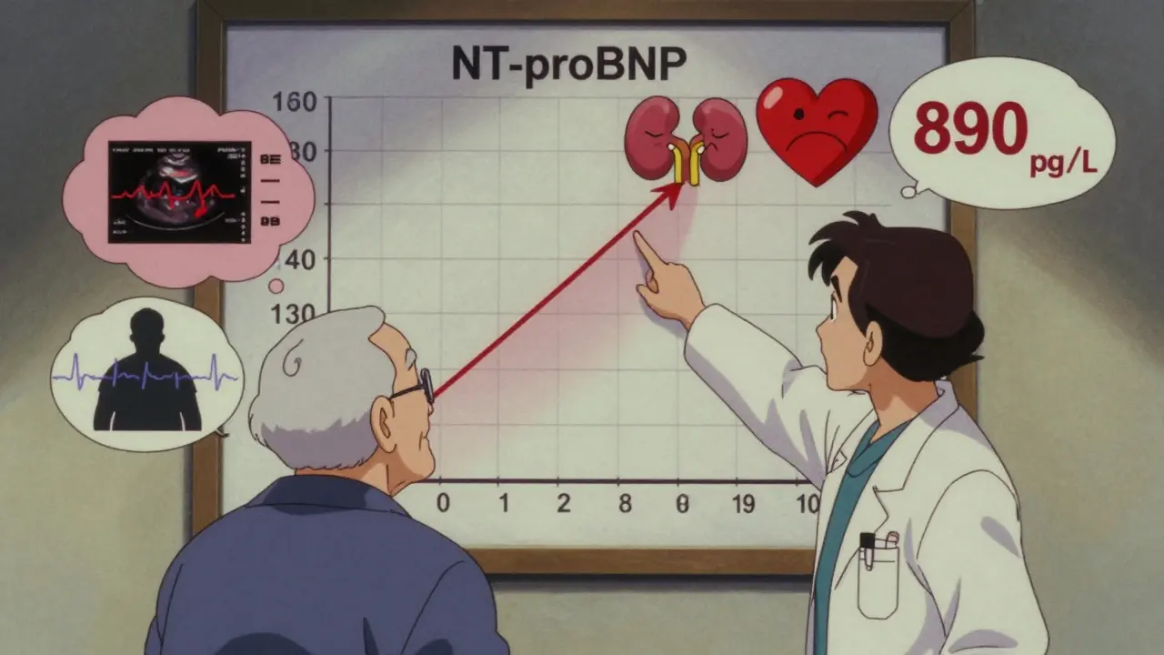 Clinician explaining NT-proBNP levels on chart with icons for age, kidney, and heart conditions in retro anime style