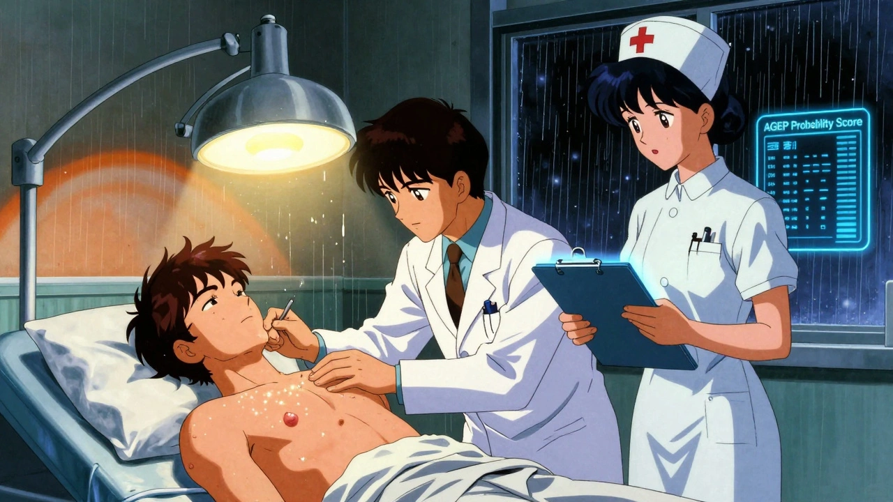 Doctor examining a patient&#039;s pustular rash in a hospital ER under bright light, with diagnostic charts nearby.