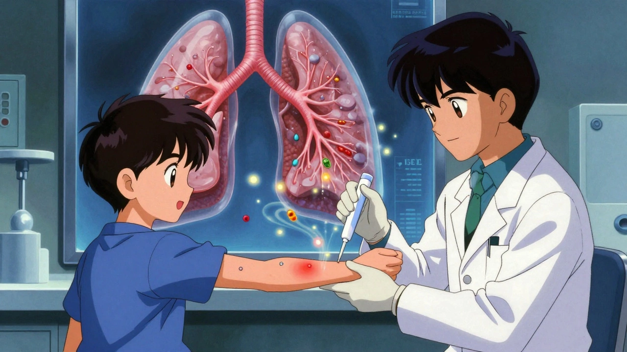 Doctor performing skin prick test as immune cells swirl around a lung model in 90s anime style