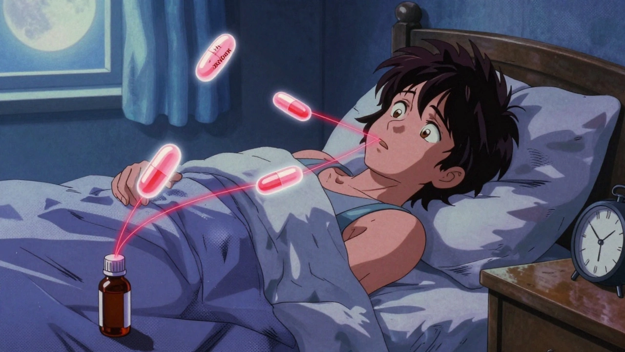 Drowsy person surrounded by floating prescription pills and a CBD bottle in soft moonlight