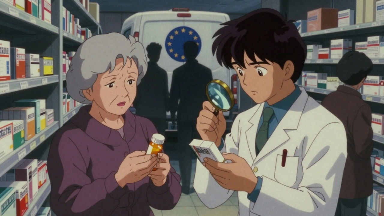 Elderly woman and pharmacist inspecting suspicious pill bottle in a pharmacy, shadowy figures in background.