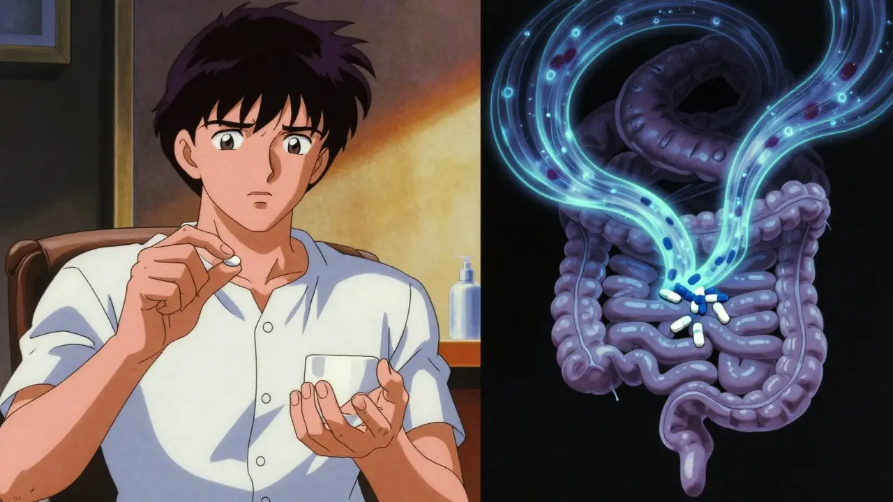 Gel-like fiber blocking medication absorption in intestines, dramatic anime style.
