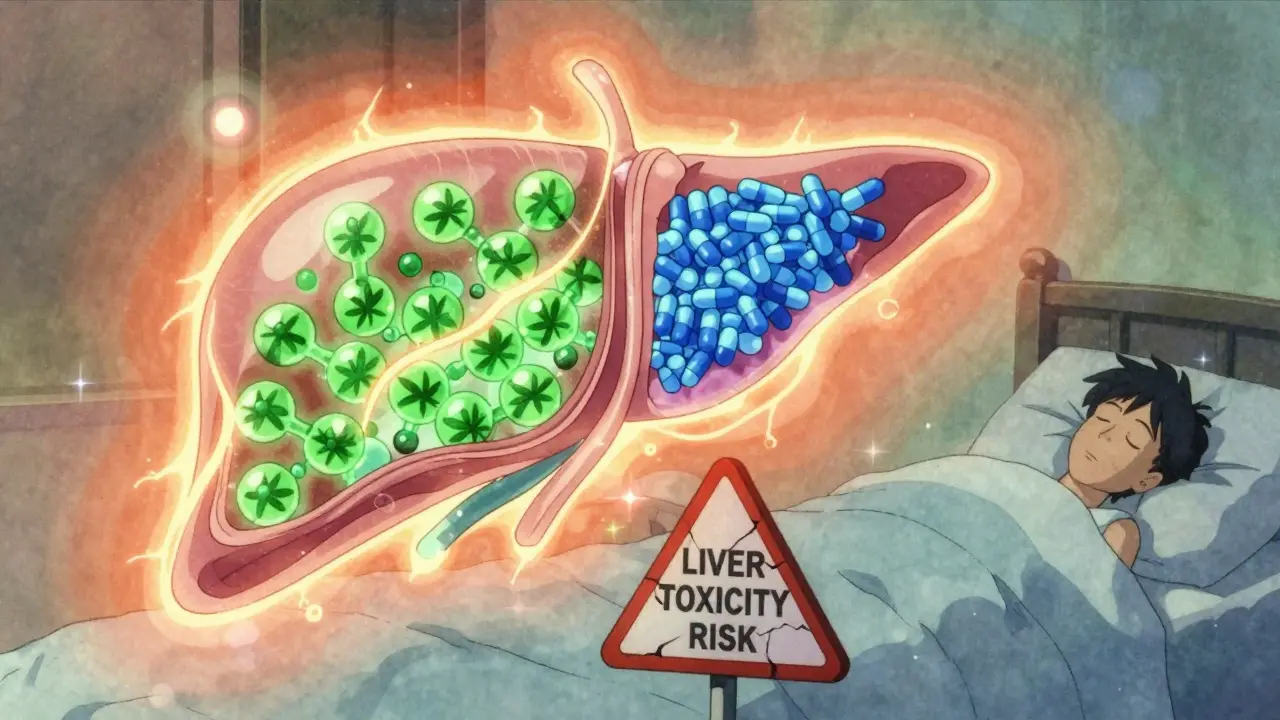 Glowing liver with CBD blocking enzyme channels and medications building up dangerously.