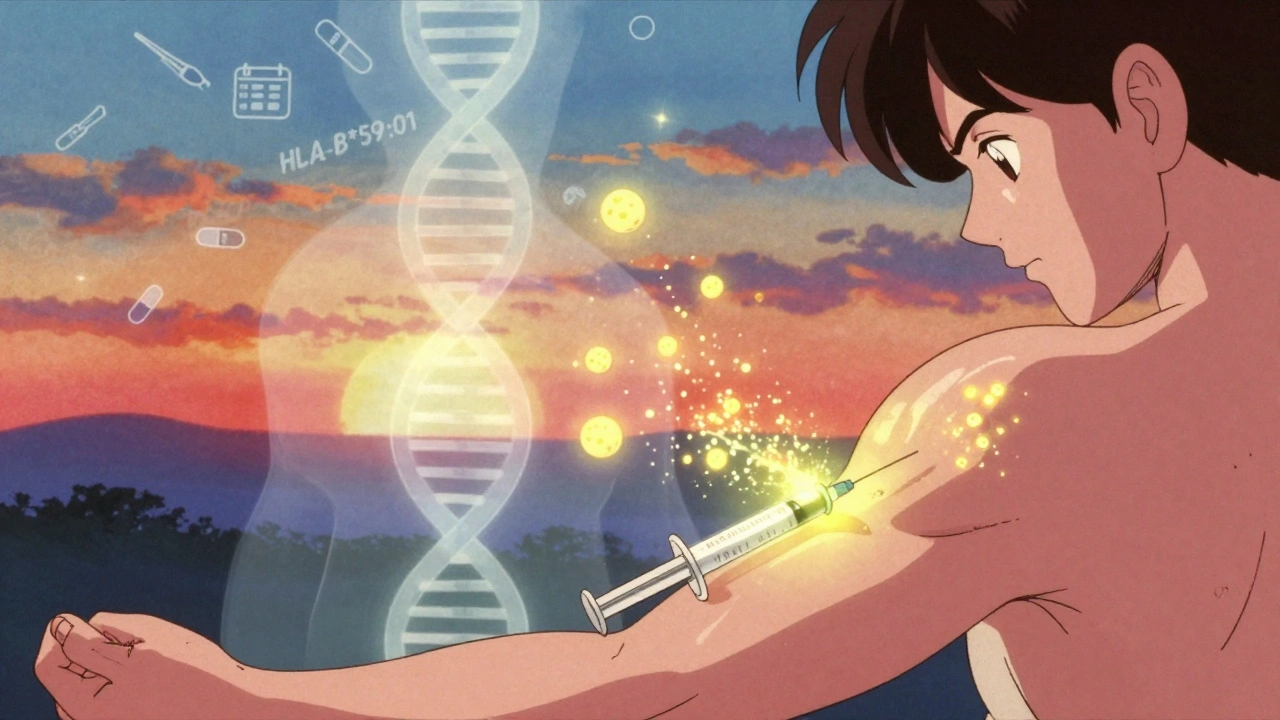 Golden injection light dissolving pustules into fireflies, skin healing as DNA helix glows in background.